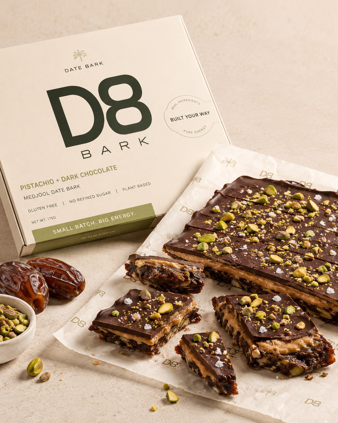 Pistachio dark chocolate D8 date bark with Medjool dates and pistachios