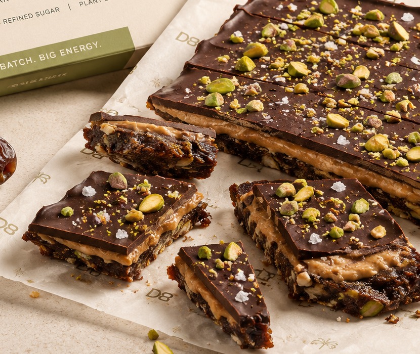 Hands snapping pieces of chocolate date bark